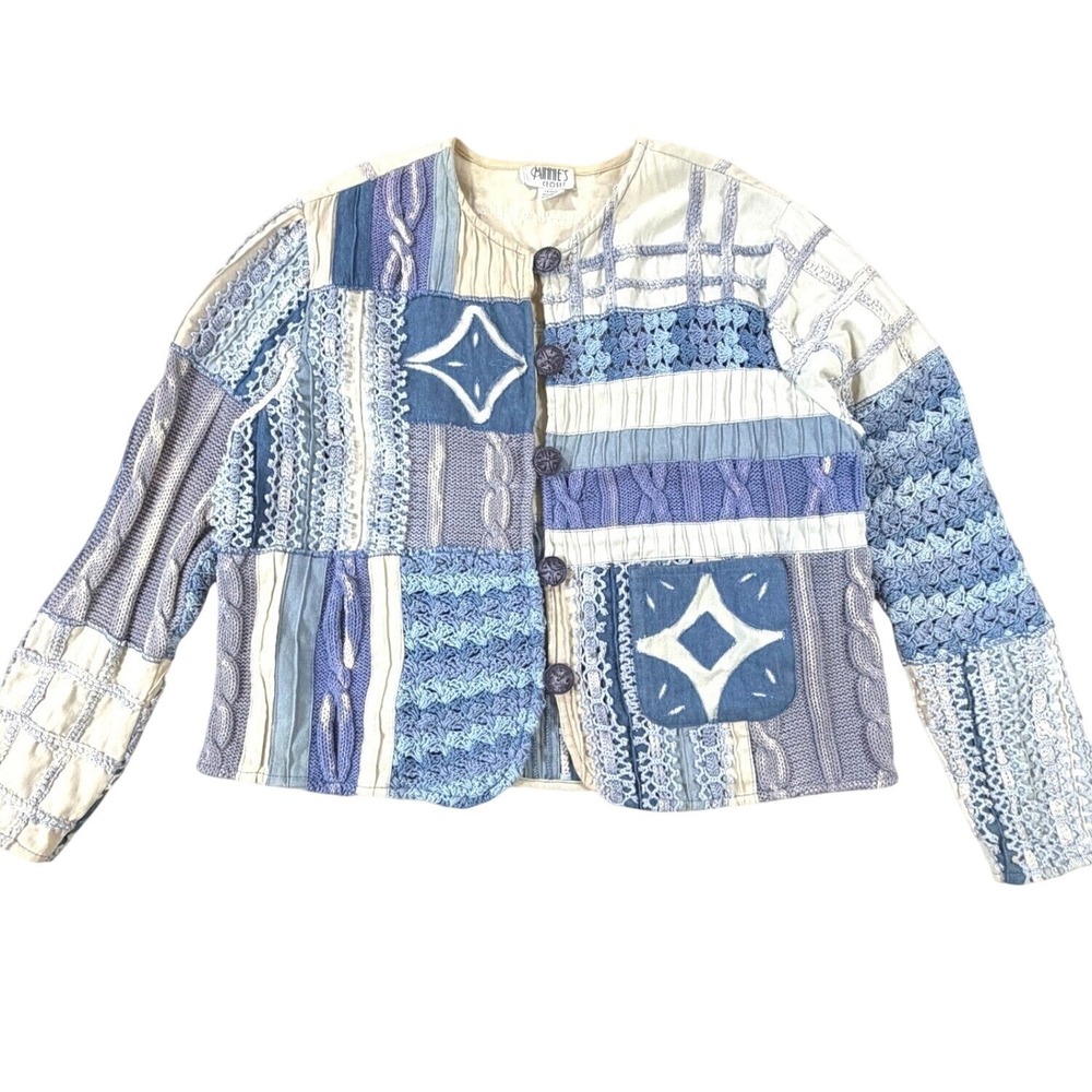 Chunky Patchwork Jacket VTG Women LG Blue Crochet Boho Cottage Coastal Maximal